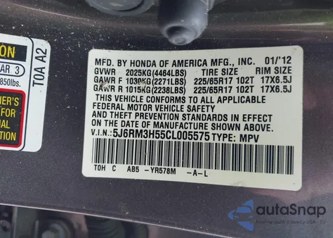 2012 Honda Cr-V Ex from USA, damaged, VIN 5J6RM3H55CL005575